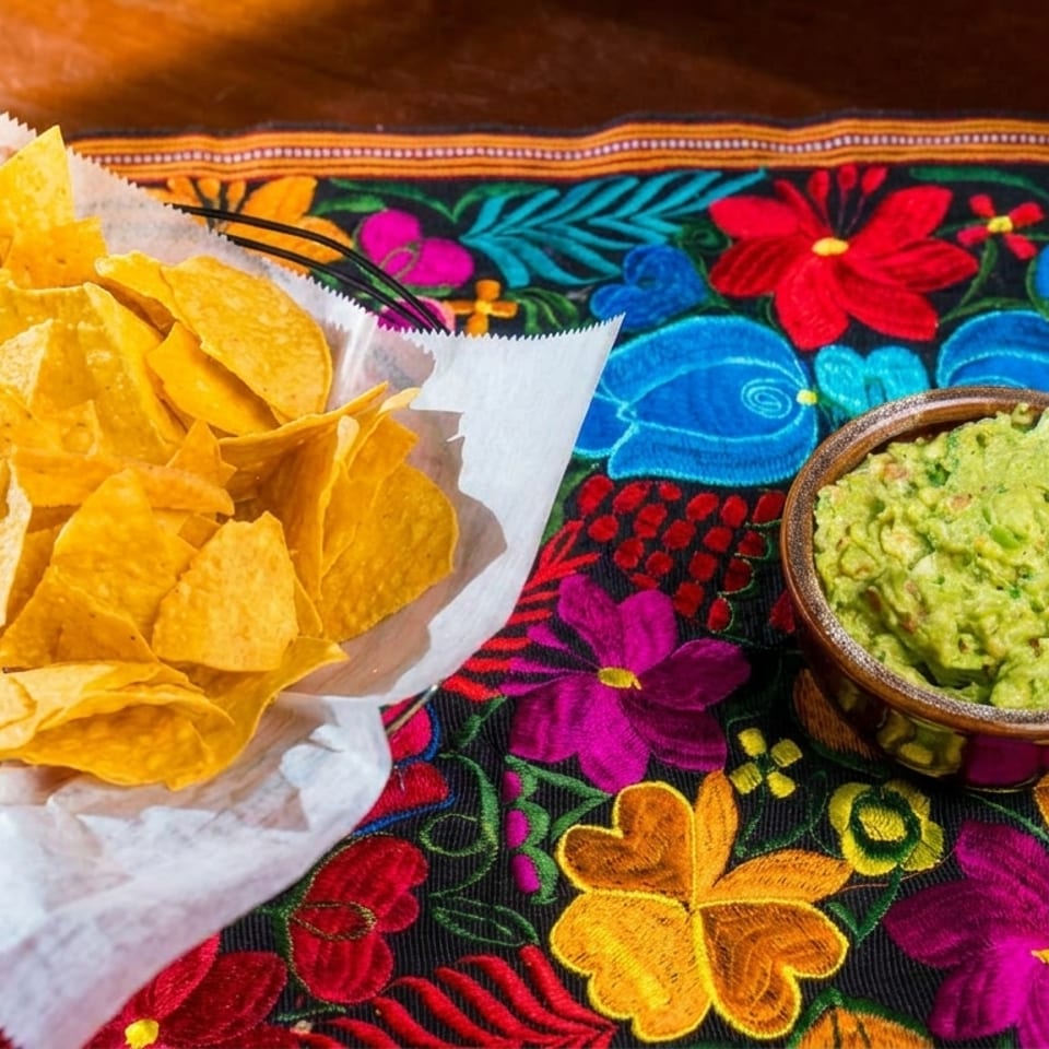 A basket of tortilla chips and a bowl of guacamole on a colorful floral tablecloth.