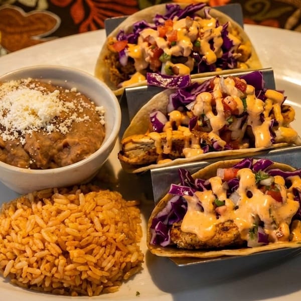 Three tacos with purple cabbage and sauce, served with rice and refried beans on a white plate.